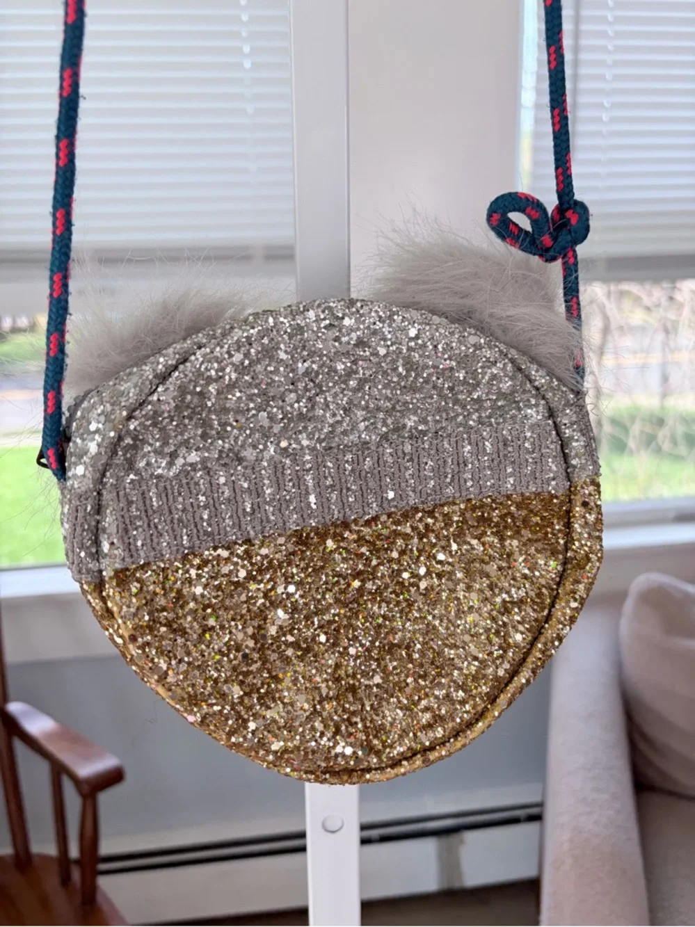 Crewcuts Kids Glitter Face Crossbody Bag Faux Fur Trim Gold & Silver
